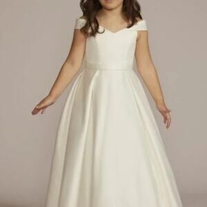 David's Bridal White Satin Off The Shoulder Flower Girl Dress